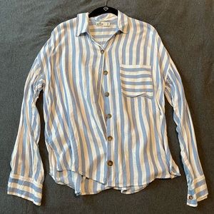 Light blue and white striped long sleeve button down hollister top